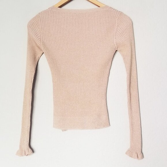 RED Valentino Champagne Rose Gold Lurex Rib Knit Bow Ruffle Fitted Sweater Wool - Picture 3 of 16